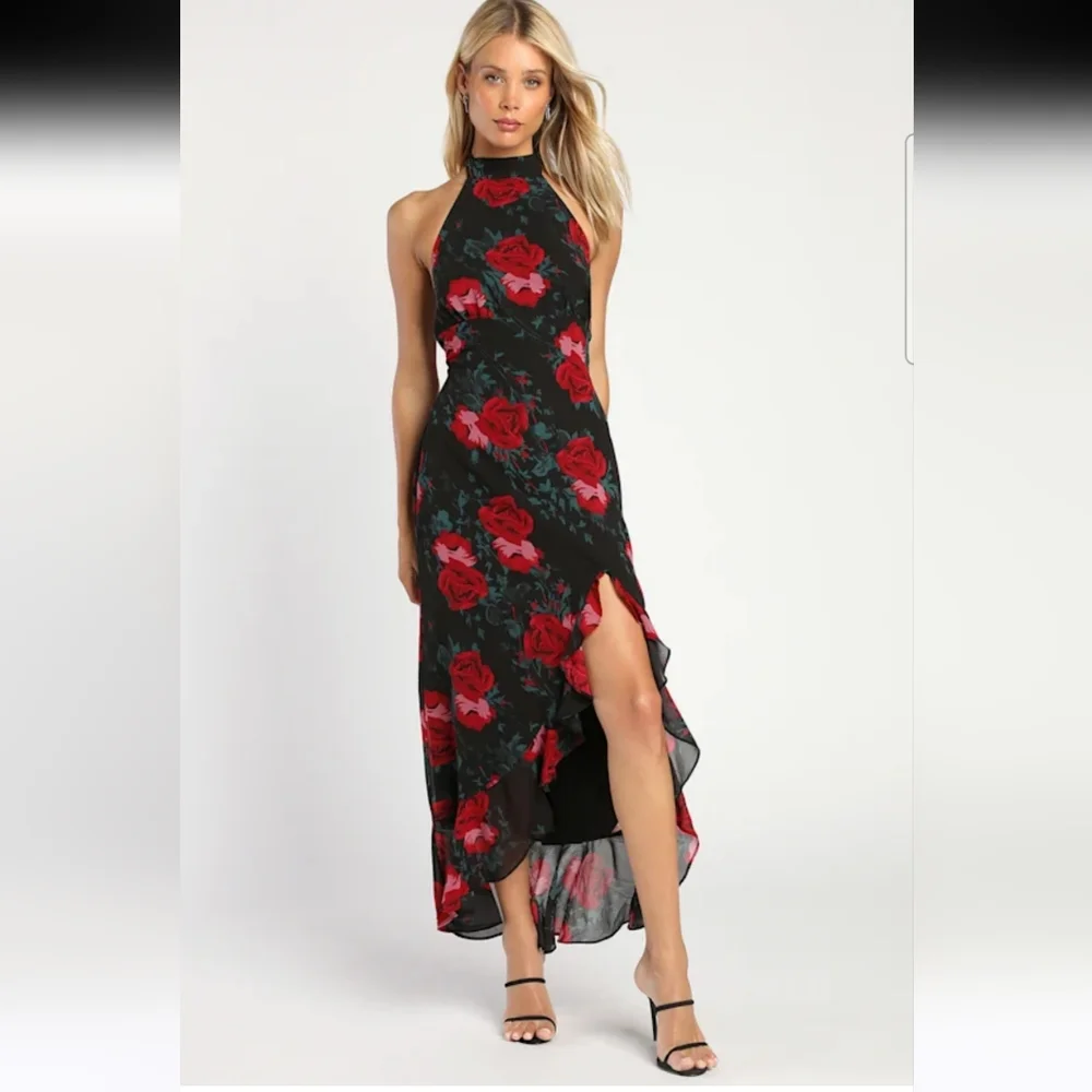 Lulu's Elegant Y2K Vibes Entrance Black Red Floral Print Halter Maxi Dress S - Picture 1 of 12